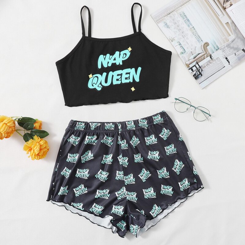 

Letter Graphic Lettuce Trim Cami Pajama Set, Multicolor