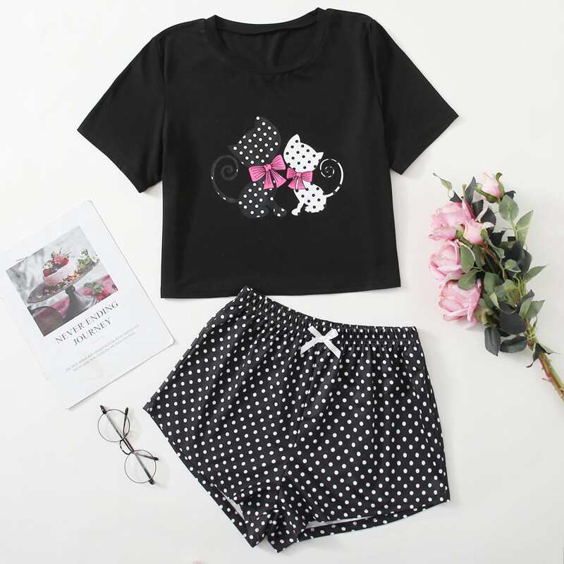 

Cartoon And Polka Dot Pajama Set, Black