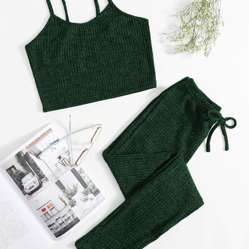

Solid Knot Front Cami Lounge Set, Dark green