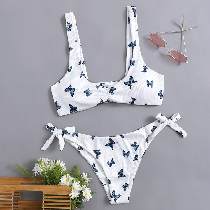 

Butterfly Print Knot Decor Bikini Swimsuit, White