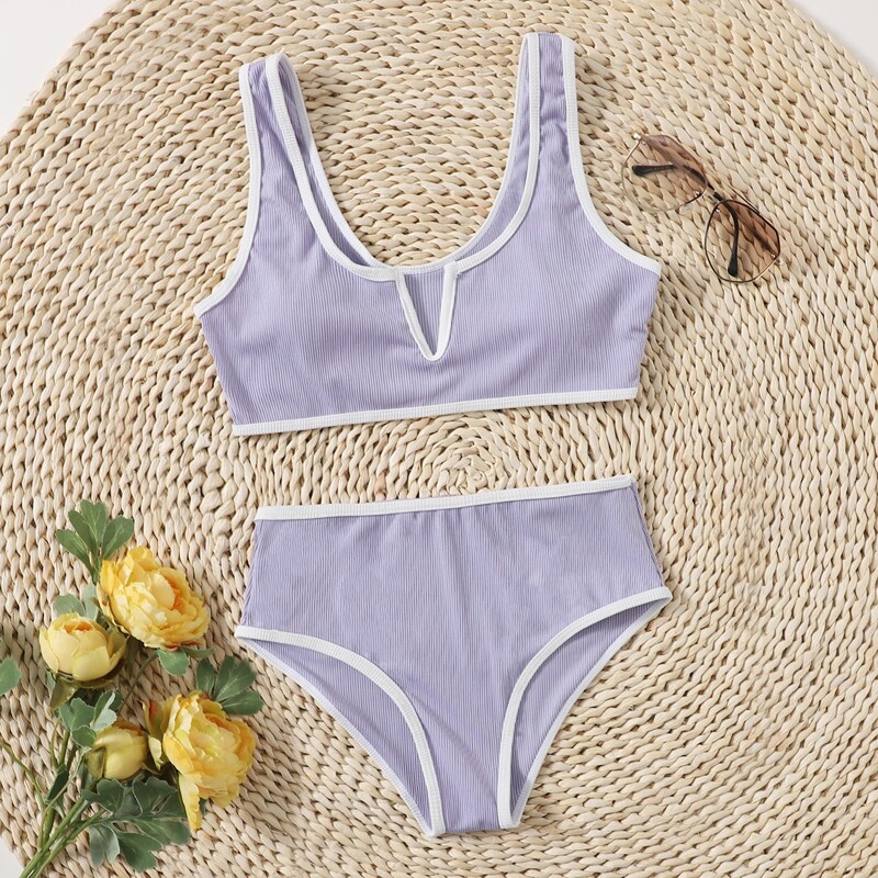 

Contrast Binding V Wired Bikini Swimsuit, Lilac purple