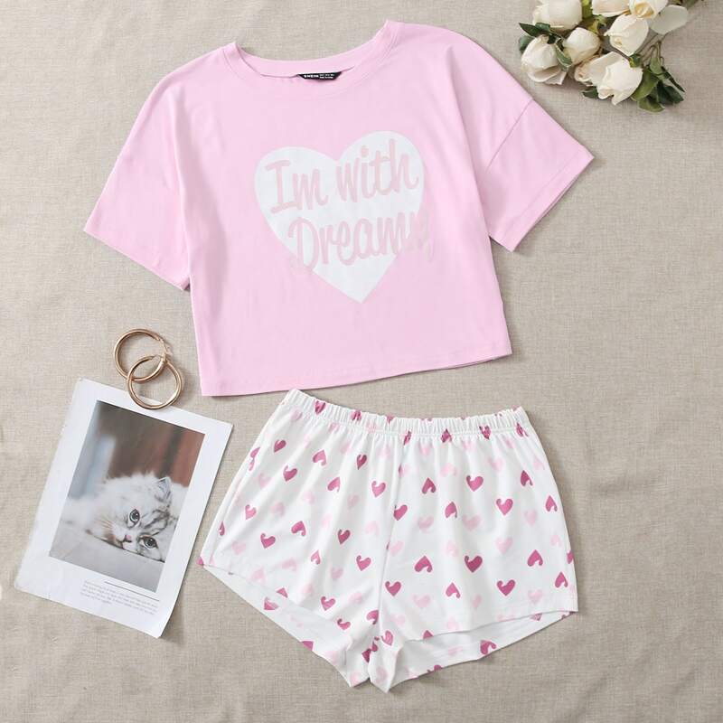 

Heart And Slogan Graphic Pajama Set, Multicolor