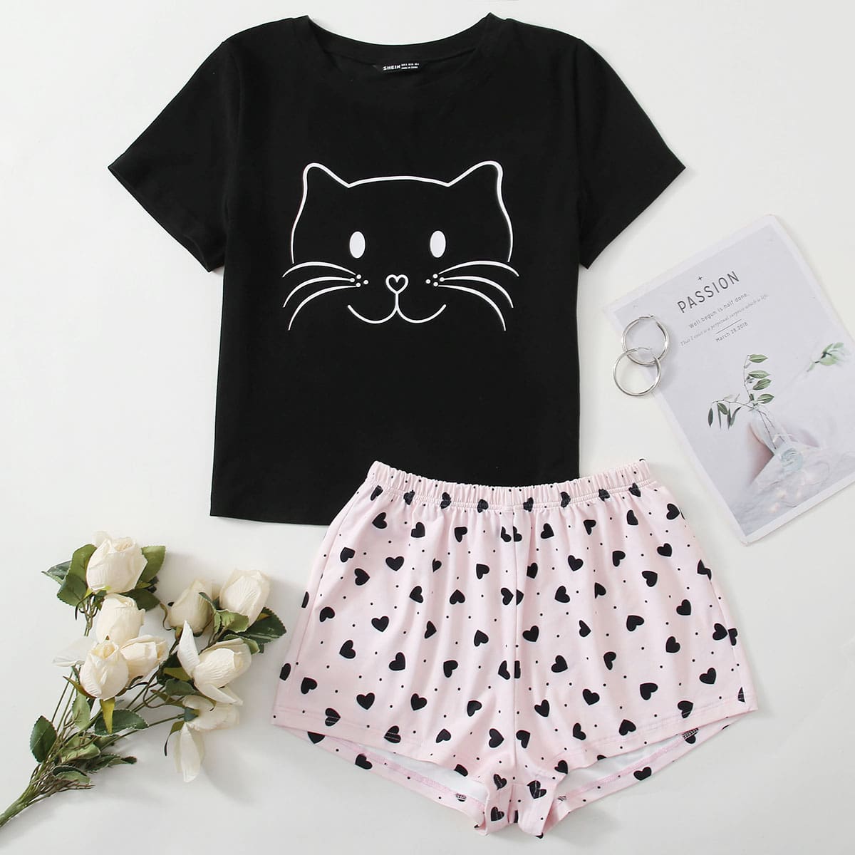 

Cartoon And Heart Print Pajama Set, Multicolor