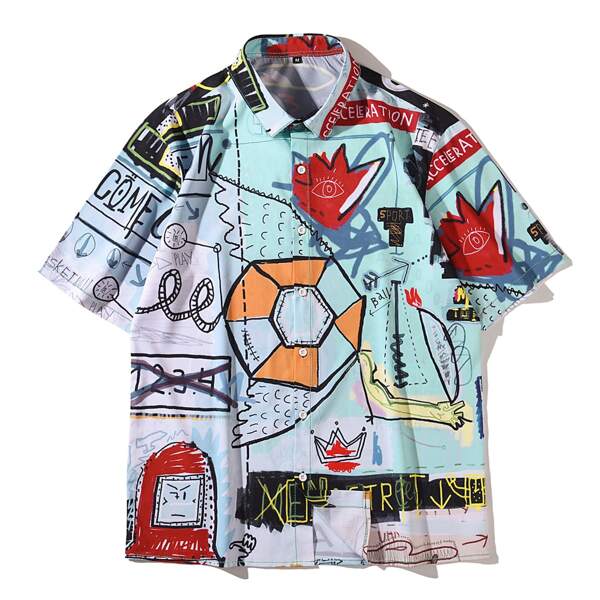 

Men Letter Graphic Button Up Shirt, Multicolor