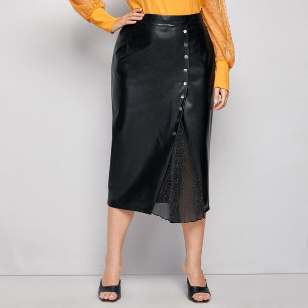 

Plus Press Buttoned Glitter Hem PU Leather Skirt, Black