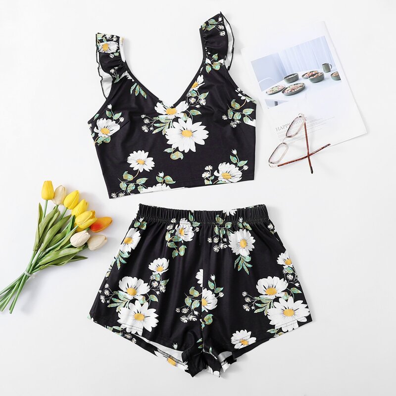 

Allover Floral Ruffle Pajama Set, Black
