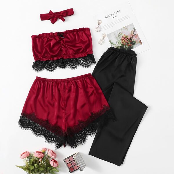 

3pcs Lace Trim Satin Night Set, Multicolor