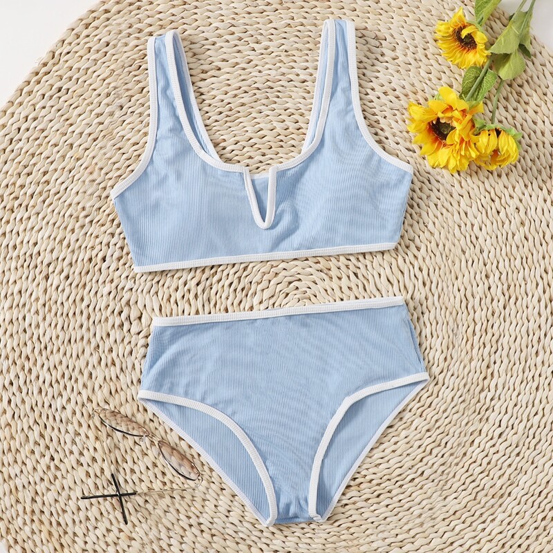 

Contrast Binding V Wired Bikini Swimsuit, Baby blue