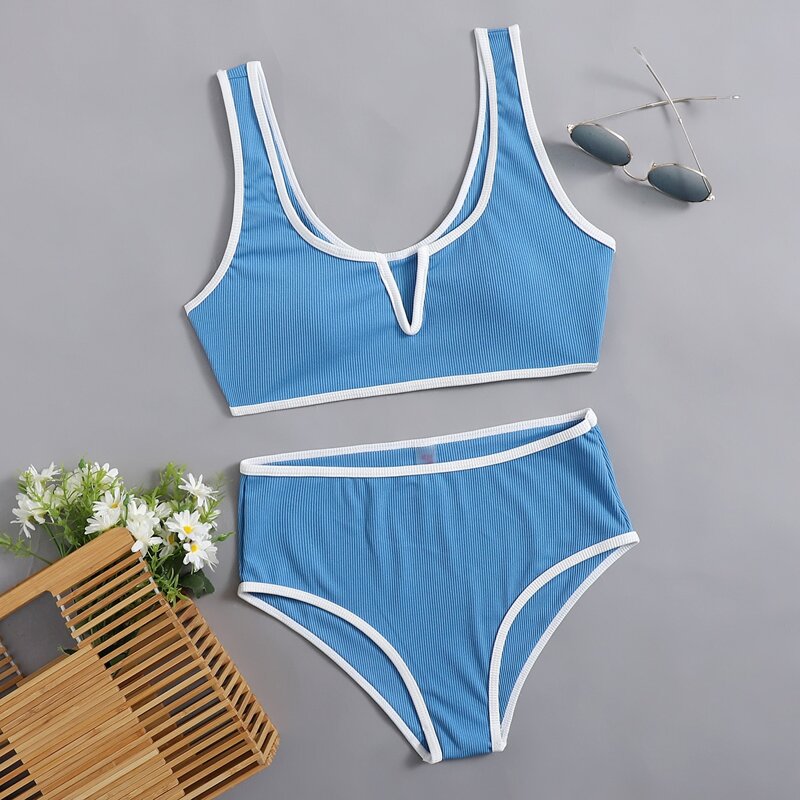 

Contrast Binding V Wired Bikini Swimsuit, Blue
