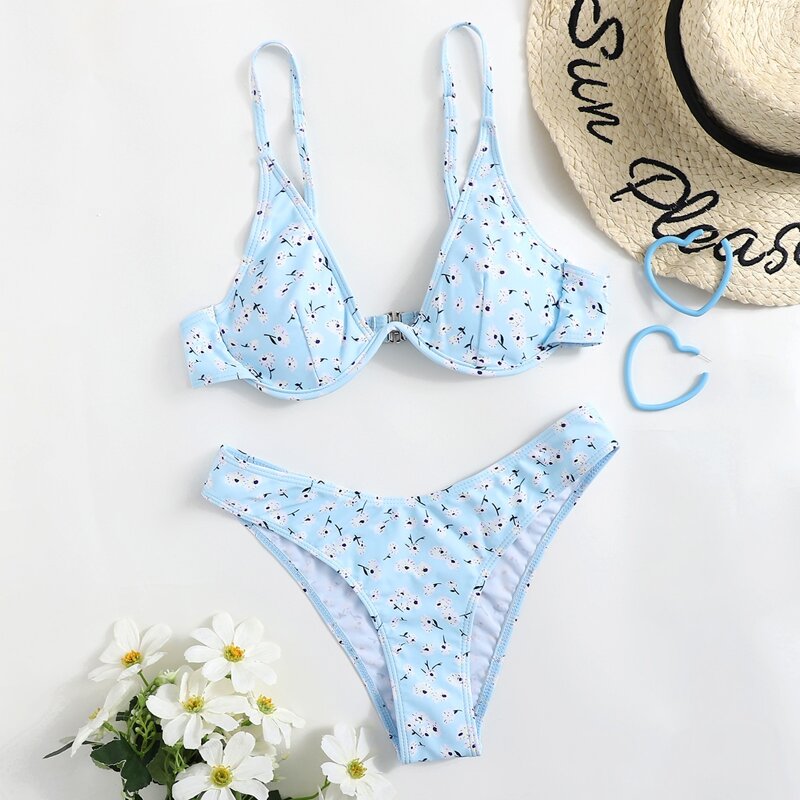 

Ditsy Floral High Cut Bikini Swimsuit, Baby blue