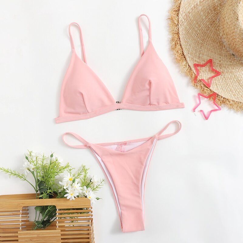 

Solid Triangle Thong Bikini Swimsuit, Pink