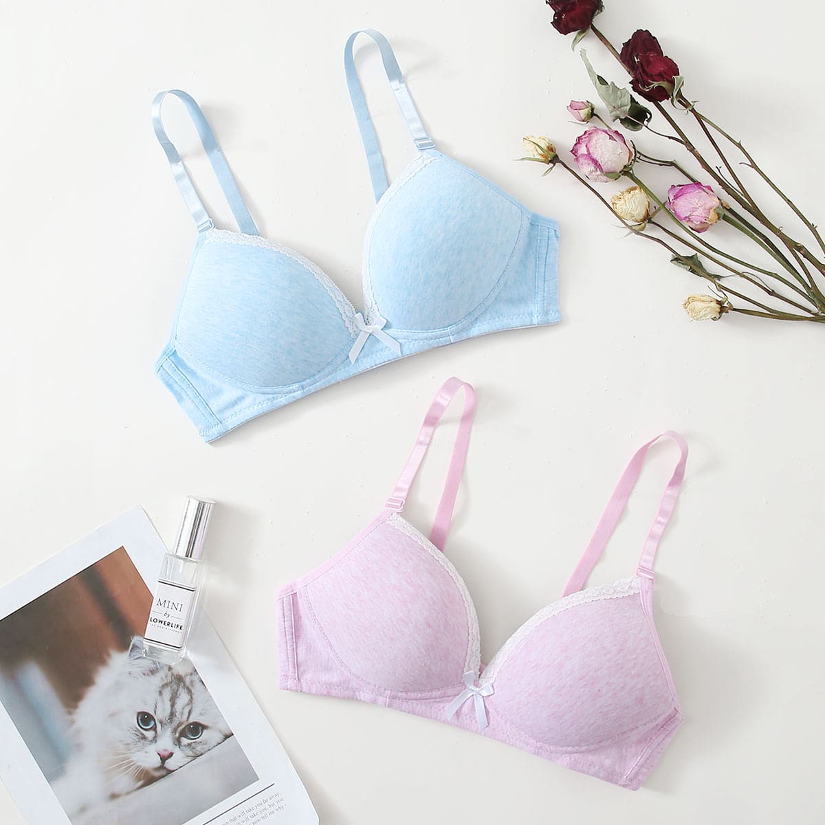 

2pack Lace Trim Bra Set, Multicolor