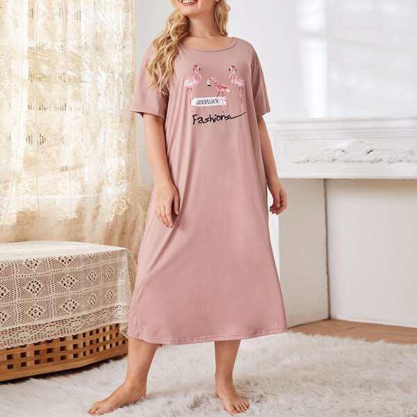 

Plus Letter & Flamingo Print Nightdress, Dusty pink