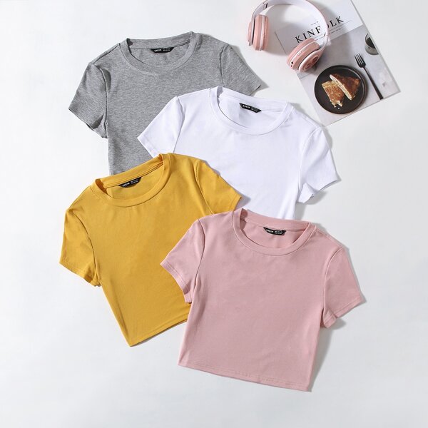 

4pcs Rib-knit Solid Tee, Multicolor
