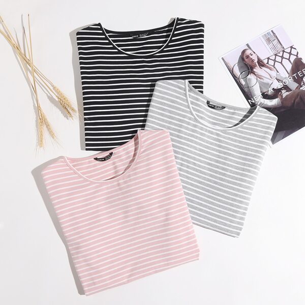

3pcs Short Sleeve Stripe Tee, Multicolor