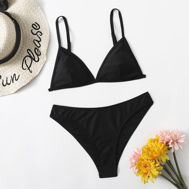 

Solid Triangle Bikini Swimsuit, Black