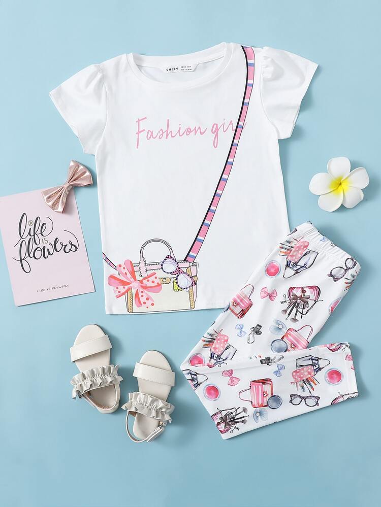 Tween Girl Bag & Letter Graphic Tee & Leggings Set