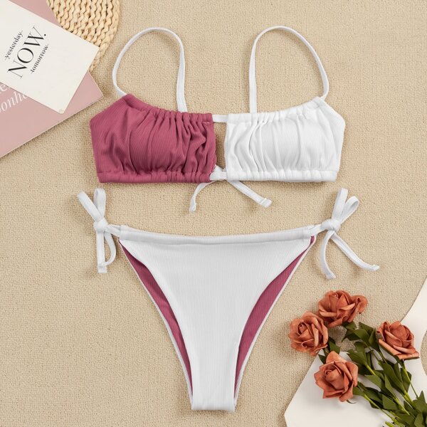 

Color Block Ruched Thong Bikini Swimsuit, White