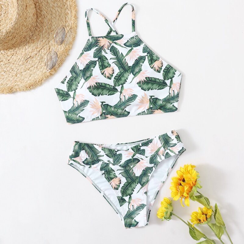 

Leaf Print Crisscross Bikini Swimsuit, Multicolor