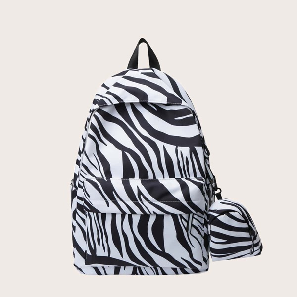 

Girls Zebra Print Backpack With Pocket, Black and white