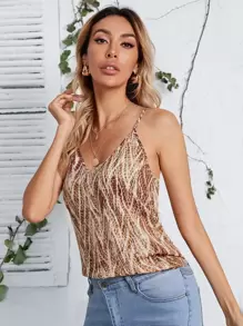 SHEIN 雙v領蛇皮紋圖案吊帶上衣 - 彩色 - 查看 1