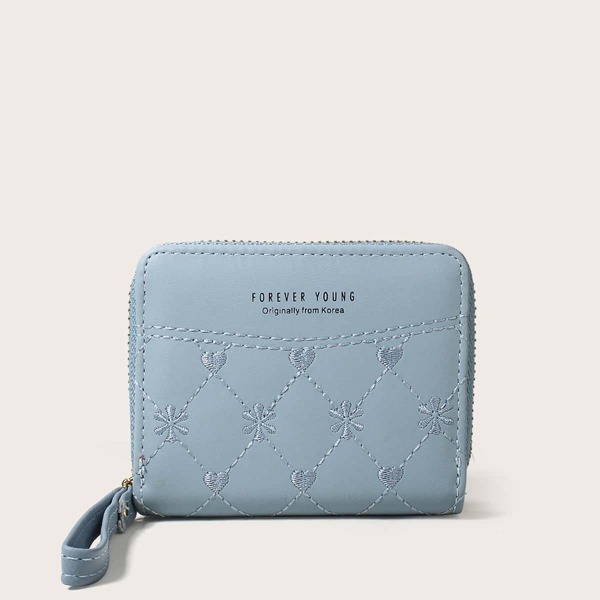 

Flower Embroidered Quilted Small Purse, Blue