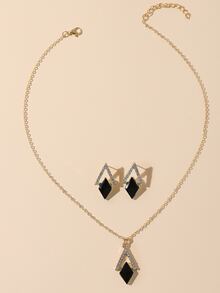 1 cái vòng cổ trang trí hình học Rhinestone & 1 cặp bông tai - Vàng - Xem 2