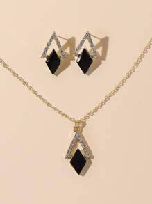 1 cái vòng cổ trang trí hình học Rhinestone & 1 cặp bông tai - Vàng - Xem 3