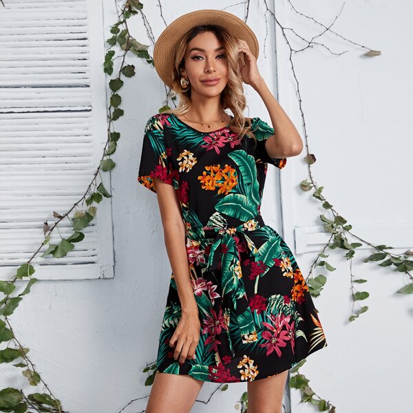 

Self Belted Tropical Print Dress, Multicolor