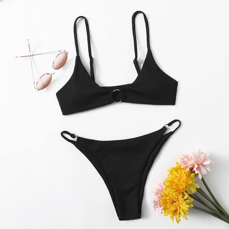 

Solid Ring Decor Bikini Swimsuit, Black