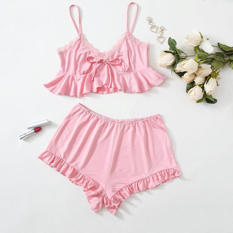 

Solid Ruffle Hem PJ Set, Pink
