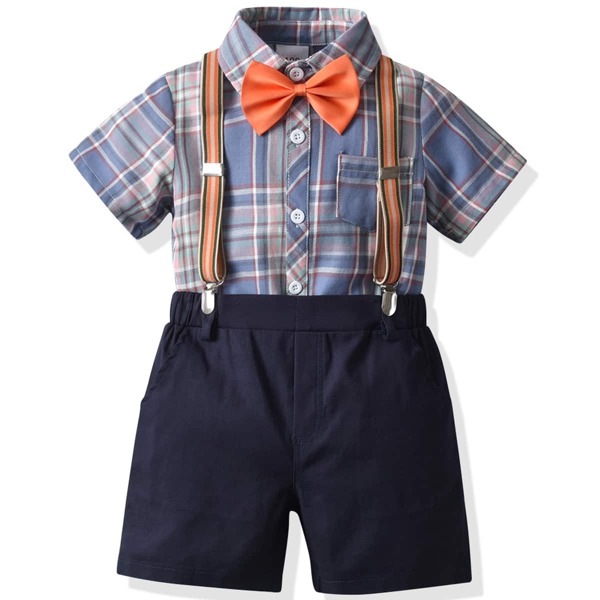 

Toddler Boys Plaid Print Button Front Bow Detail Shirt With Pinafore Shorts, Multicolor
