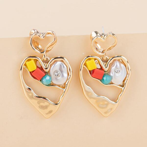 

Faux Pearl Decor Twist Heart Drop Earrings, Gold