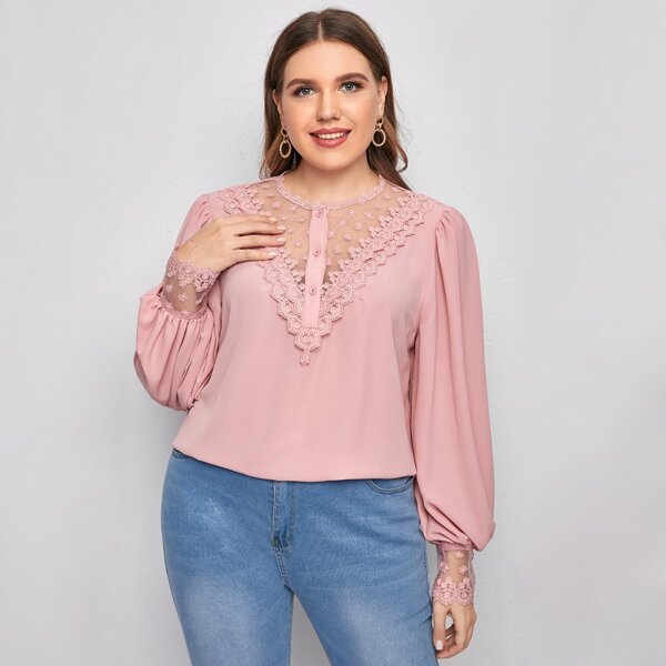 

Plus Embroidered Mesh Trim Lantern Sleeve Top, Pastel dusty pink
