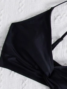 SHEIN Swim Solid Twist Front Bikini Top, For Summer Beach Vacation - Black - View 4