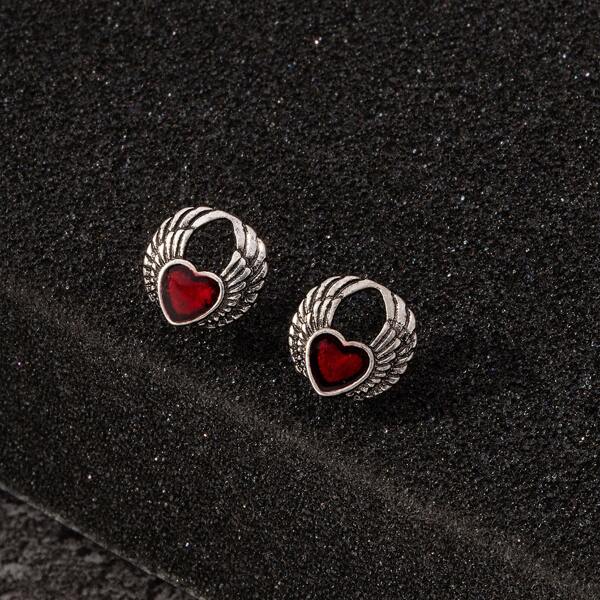 

Men Heart & Wings Design Stud Earrings, Antique silver