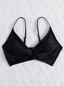 SHEIN Swim Solid Twist Front Bikini Top, For Summer Beach Vacation - Black - View 6