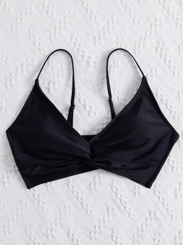 SHEIN Swim 纯色扭纹前比基尼上衣，适合夏季海滩度假 - 黑色 - 查看 6