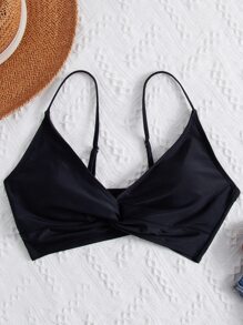 SHEIN Swim Solid Twist Front Bikini Top, For Summer Beach Vacation - Black - View 7