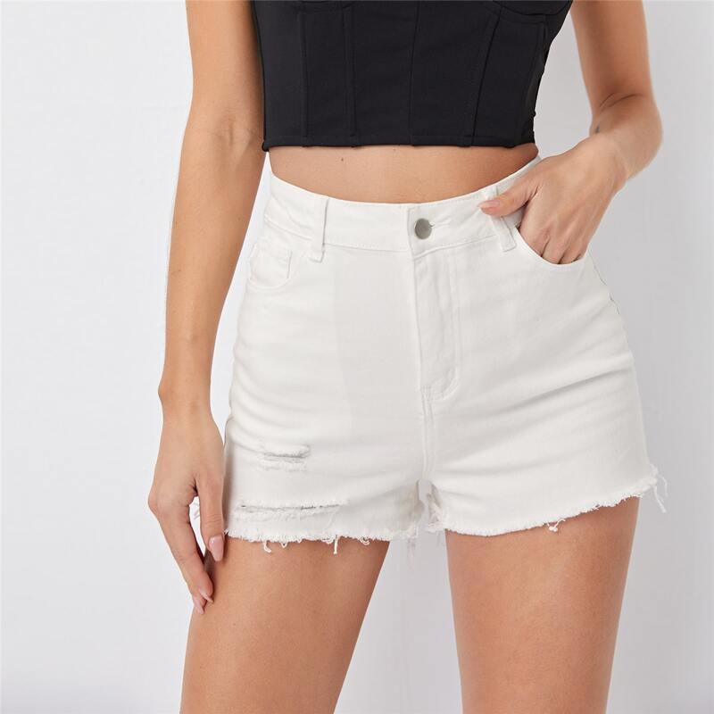 

Ripped Detail Raw Hem Denim Shorts, White