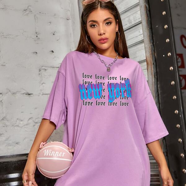 

Letter Graphic Drop Shoulder Oversized Tee, Lilac purple