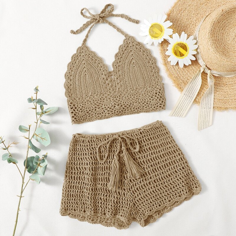 

Tie Front Crochet Bikini Swimsuit, Khaki