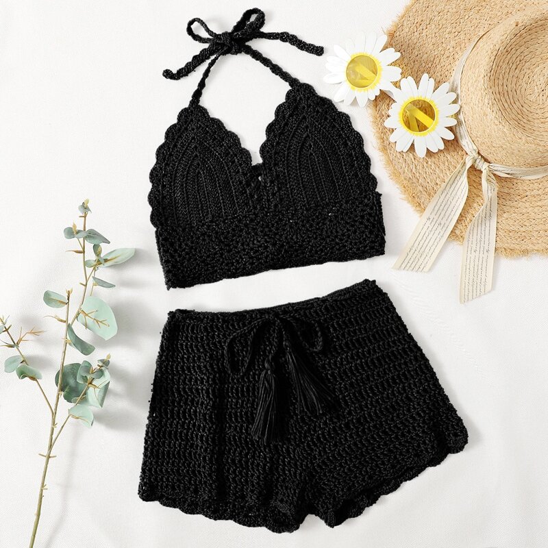 

Tie Front Crochet Bikini Swimsuit, Black