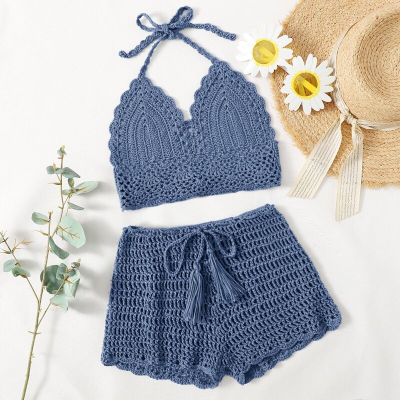 

Tie Front Crochet Bikini Swimsuit, Blue