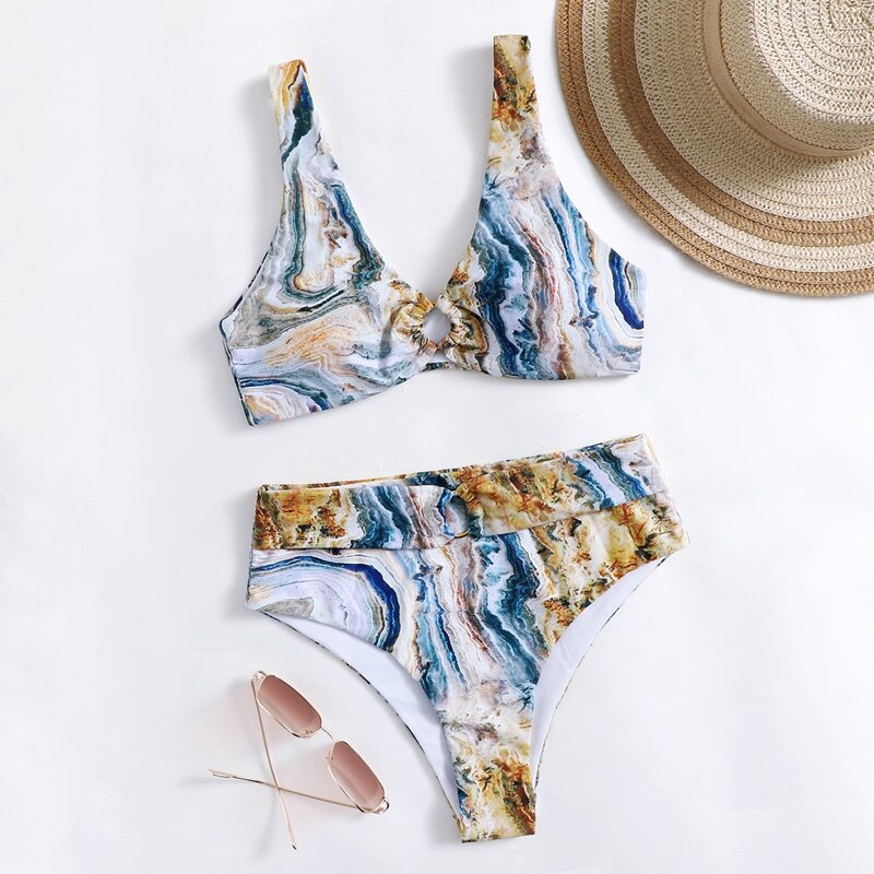 

Marble Pattern Ring Decor Bikini Swimsuit, Multicolor