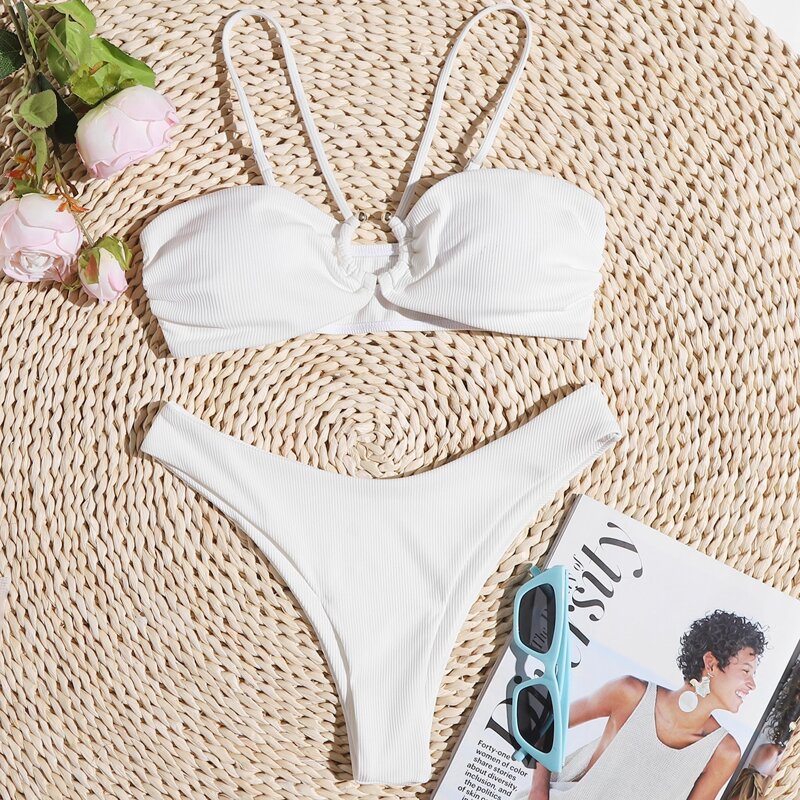 

Ring Decor High Leg Bikini Swimsuit, White