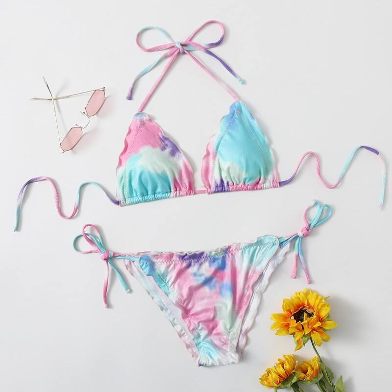 

Tie Dye Lettuce Trim Bikini Swimsuit, Multicolor