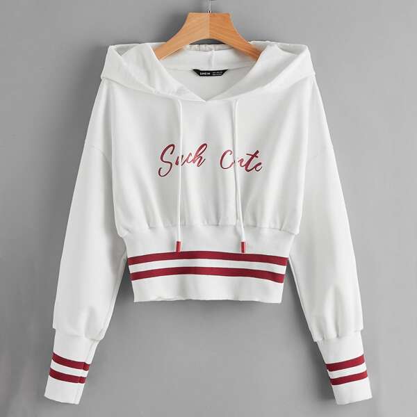 

Letter Graphic Striped Drop Shoulder Hoodie, White