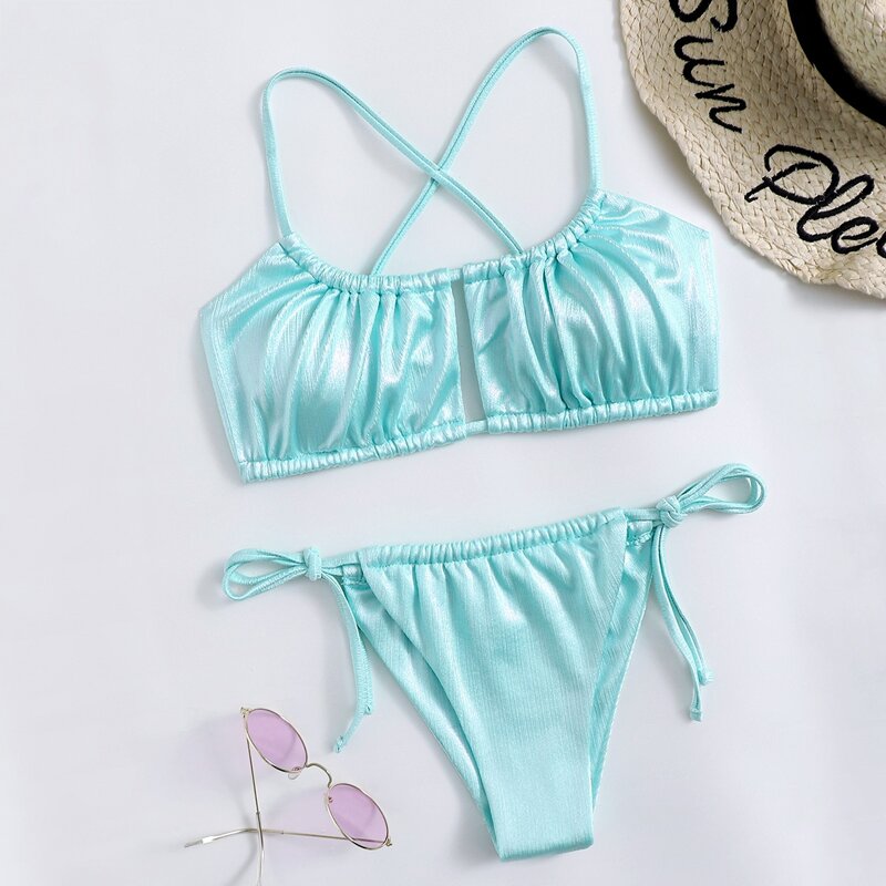 

Ruched Bust Crisscross Bikini Swimsuit, Mint blue