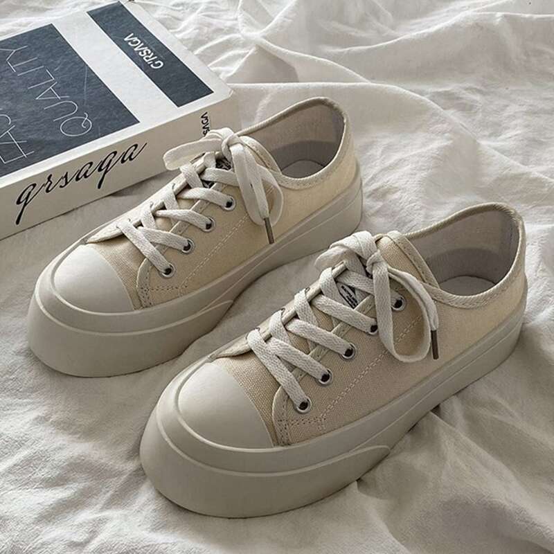 

Solid Lace-up Canvas Sneakers, Beige